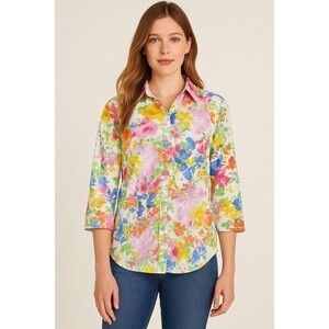 Chaps Shirt Women’s Large Multicolor Floral 3/4 Sleeve Button Up Collared